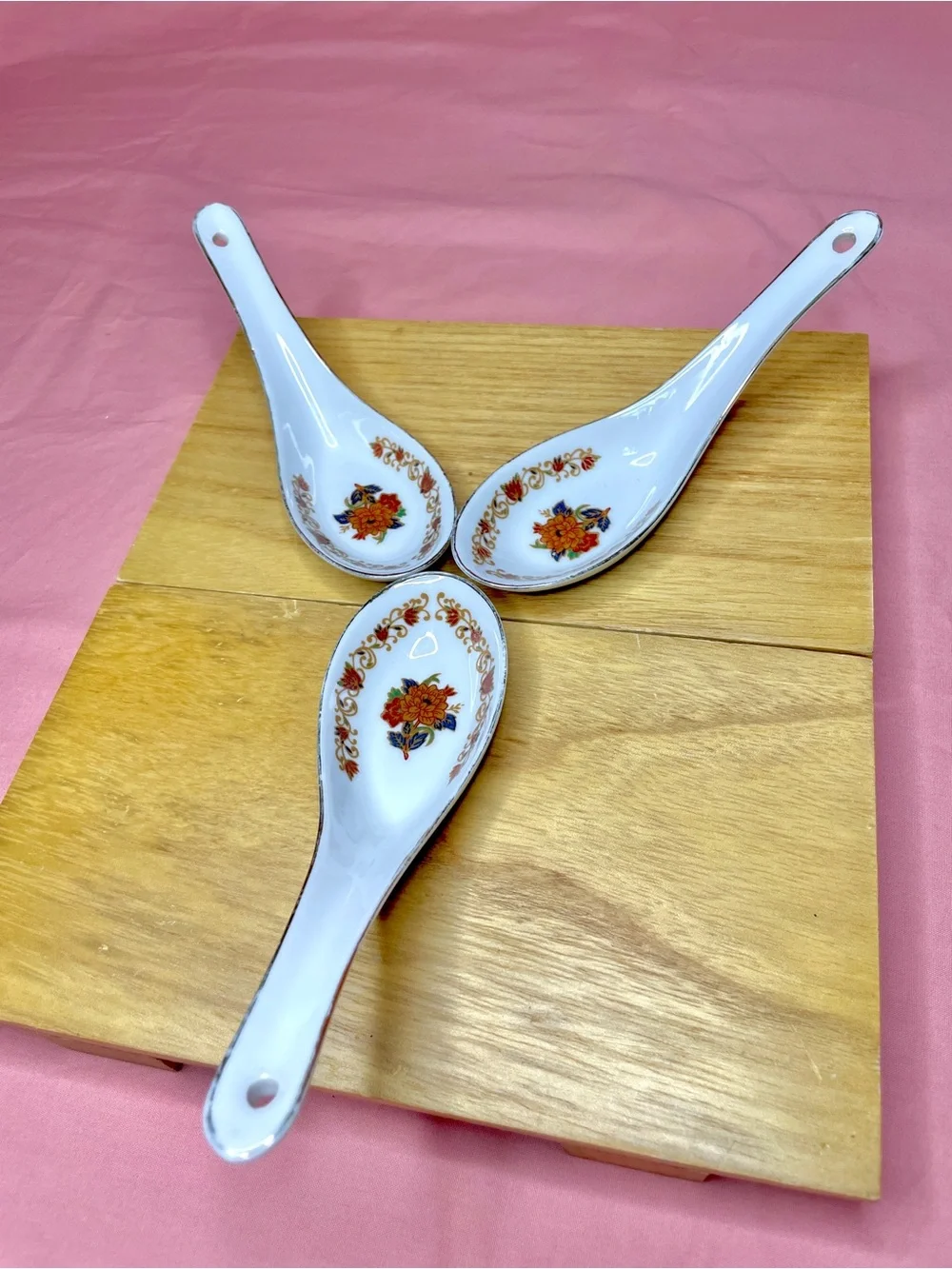 Vintage Floral Porcelain Soup Spoons - Set of 3, White with Floral Decal